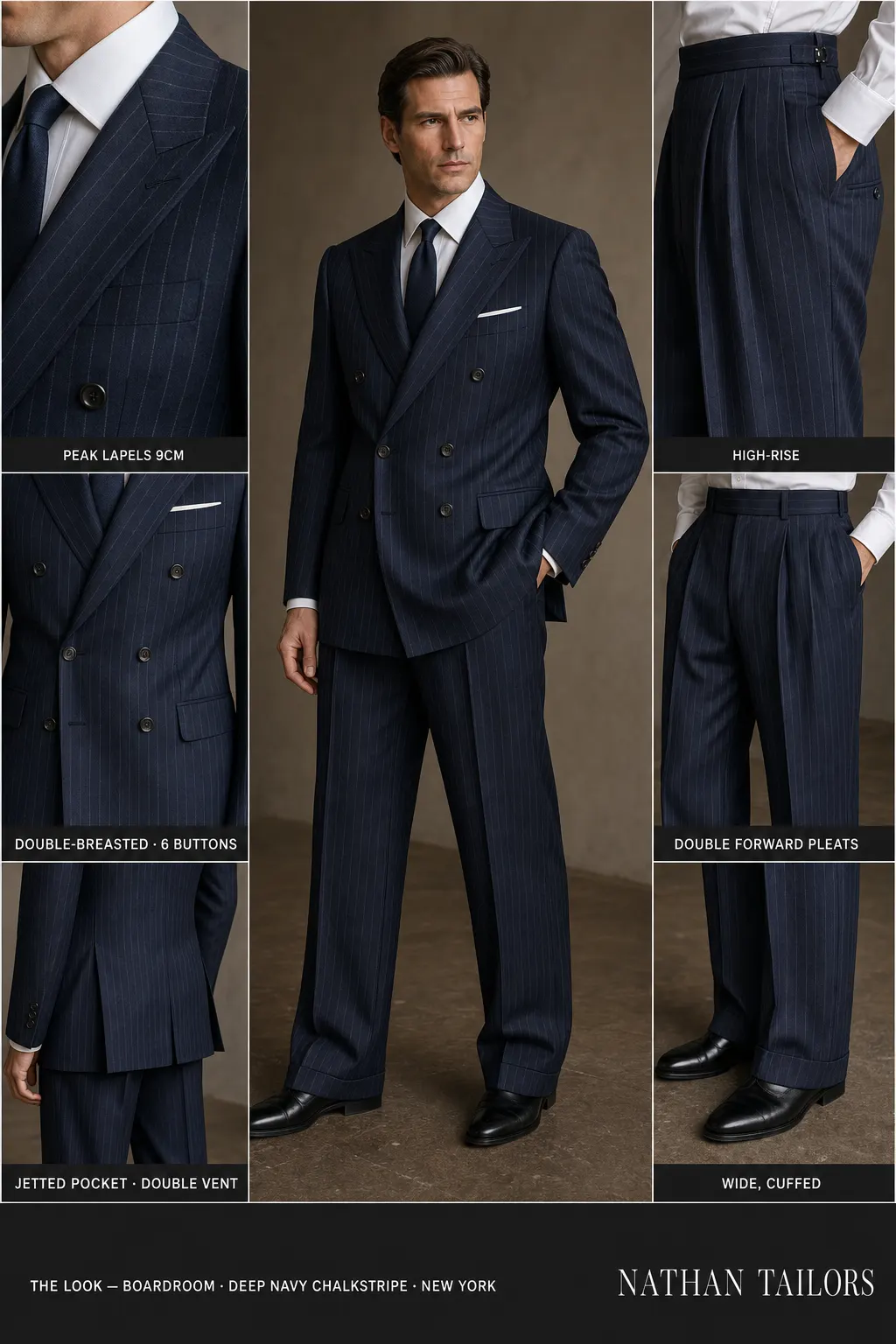 deep navy chalkstripe chalk stripe double-breasted peak-lapel bespoke suit — AI-rendered by Nathan Tailors, the Hoi An custom tailor. Available as a custom tailored suit from $149.