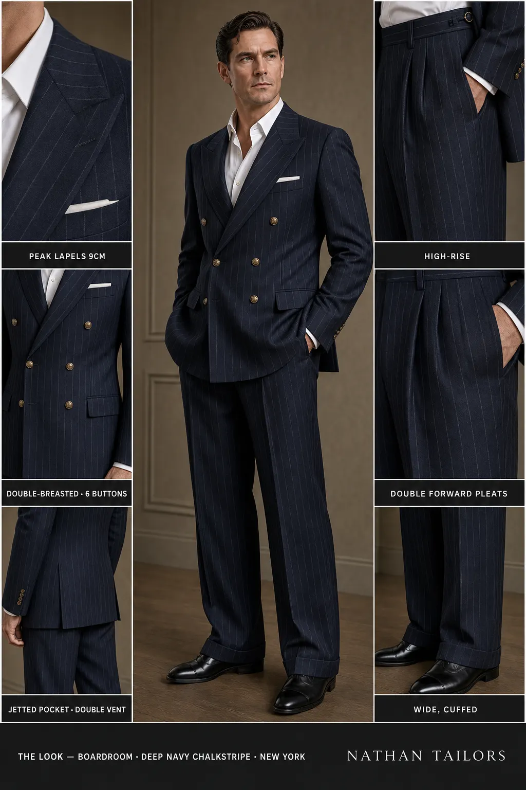 deep navy chalkstripe chalk stripe double-breasted peak-lapel bespoke suit — AI-rendered by Nathan Tailors, the Hoi An custom tailor. Available as a custom tailored suit from $149.