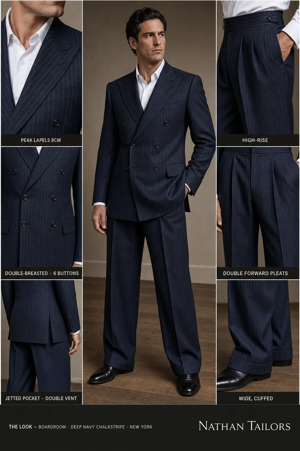 deep navy chalkstripe chalk stripe double-breasted peak-lapel bespoke suit — AI-rendered by Nathan Tailors, the Hoi An custom tailor. Available as a custom tailored suit from $149.