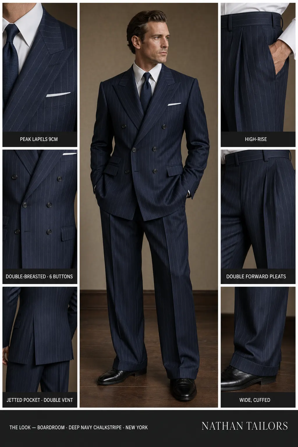 deep navy chalkstripe chalk stripe double-breasted peak-lapel bespoke suit — AI-rendered by Nathan Tailors, the Hoi An custom tailor. Available as a custom tailored suit from $149.