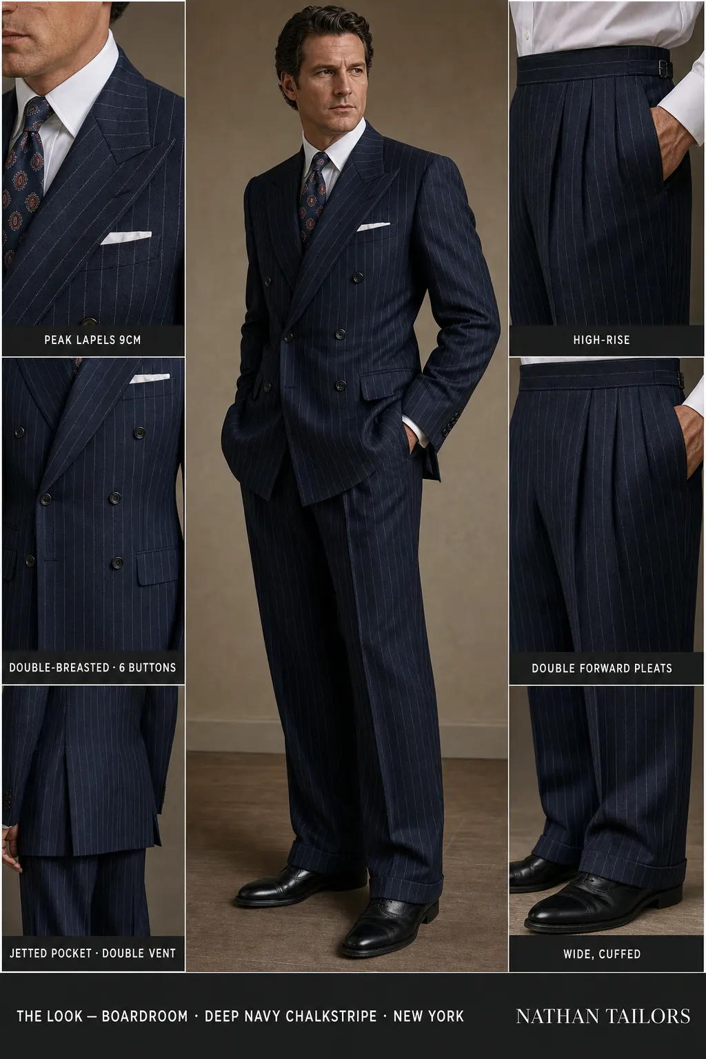 deep navy chalkstripe chalk stripe double-breasted peak-lapel bespoke suit — AI-rendered by Nathan Tailors, the Hoi An custom tailor. Available as a custom tailored suit from $149.