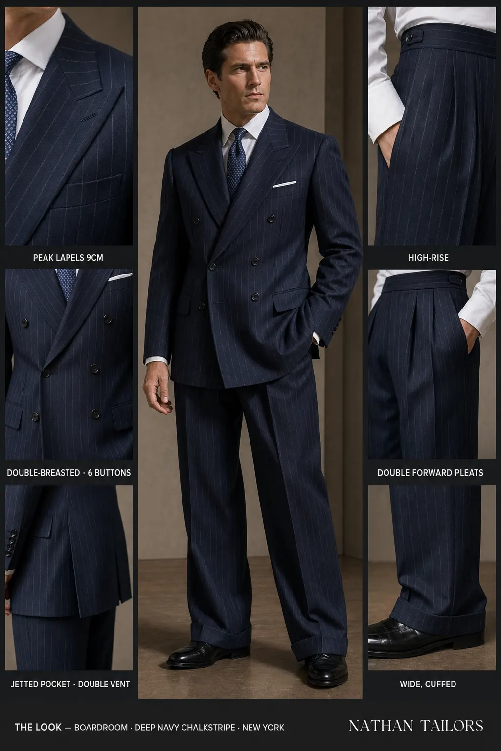 deep navy chalkstripe chalk stripe double-breasted peak-lapel bespoke suit — AI-rendered by Nathan Tailors, the Hoi An custom tailor. Available as a custom tailored suit from $149.
