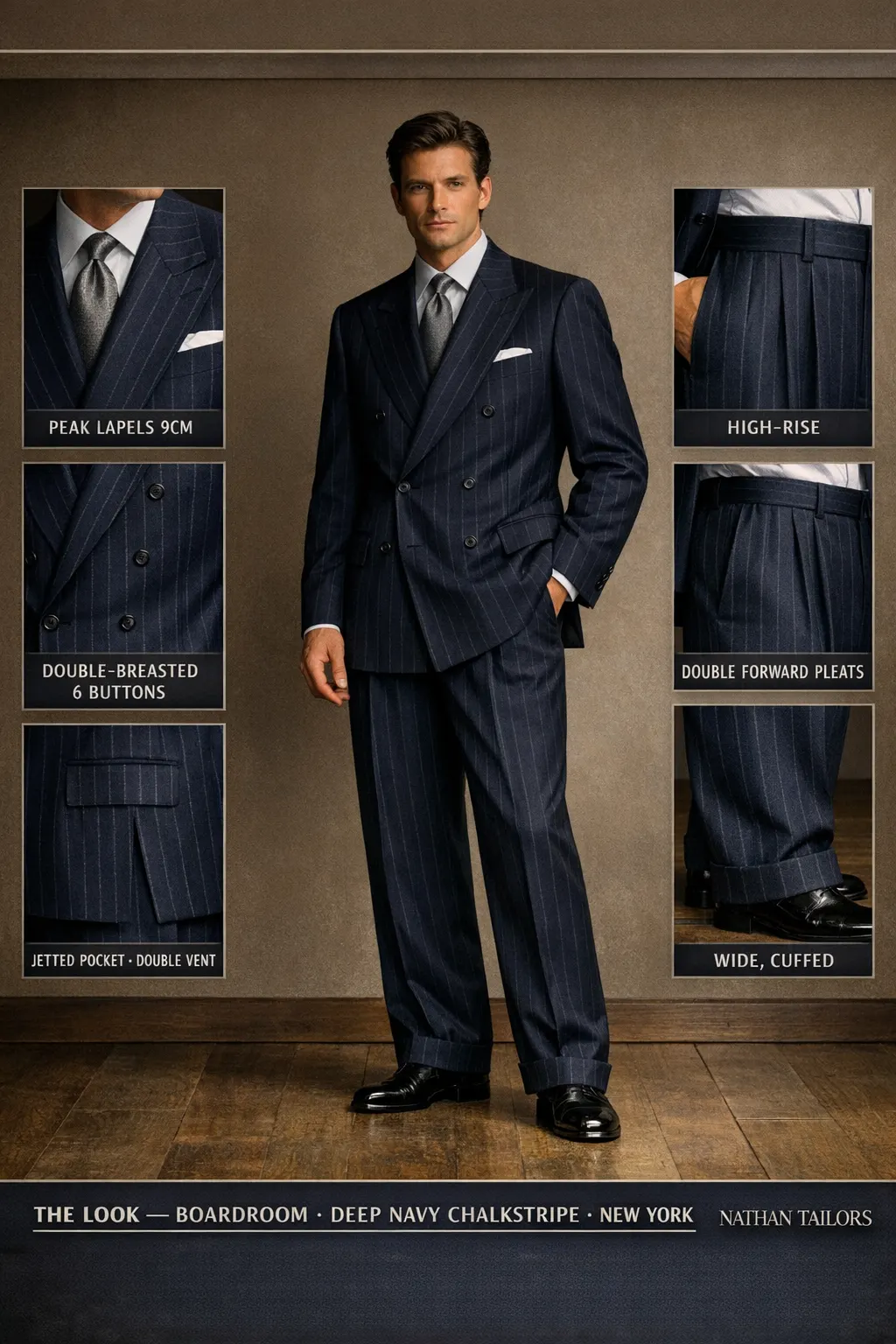 deep navy chalkstripe chalk stripe double-breasted peak-lapel bespoke suit — AI-rendered by Nathan Tailors, the Hoi An custom tailor. Available as a custom tailored suit from $149.