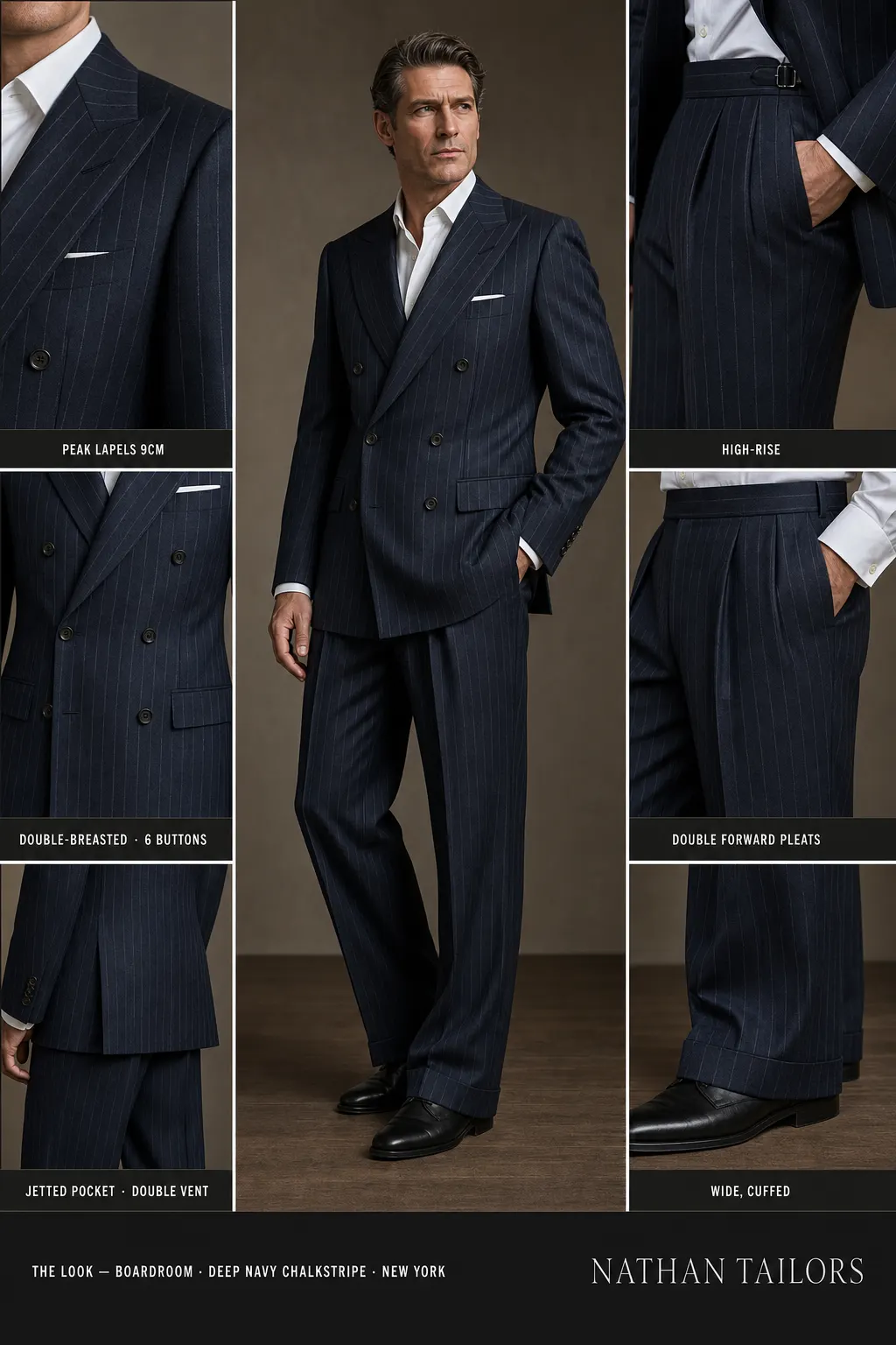 deep navy chalkstripe chalk stripe double-breasted peak-lapel bespoke suit — AI-rendered by Nathan Tailors, the Hoi An custom tailor. Available as a custom tailored suit from $149.