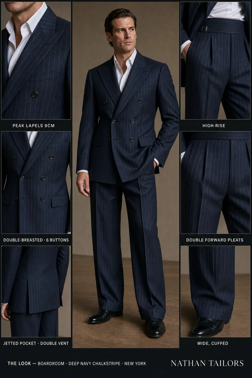 deep navy chalkstripe chalk stripe double-breasted peak-lapel bespoke suit — AI-rendered by Nathan Tailors, the Hoi An custom tailor. Available as a custom tailored suit from $149.