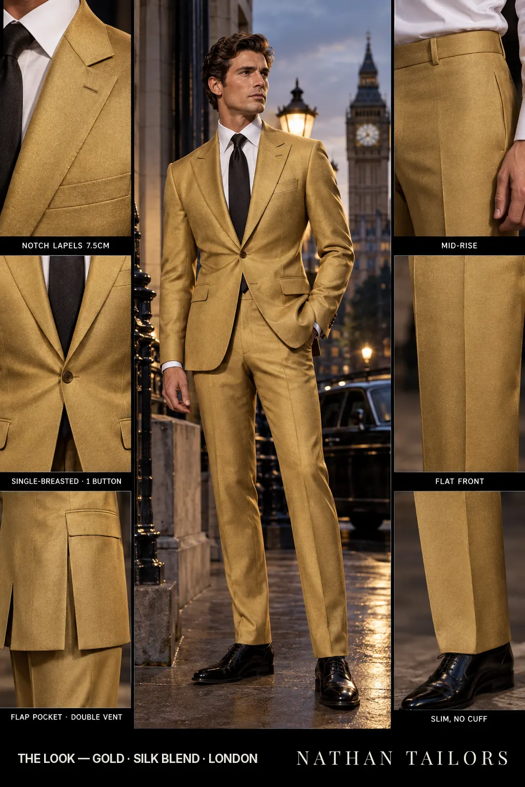gold single-breasted bespoke suit — custom tailored by Nathan Tailors, the Hoi An custom tailor
