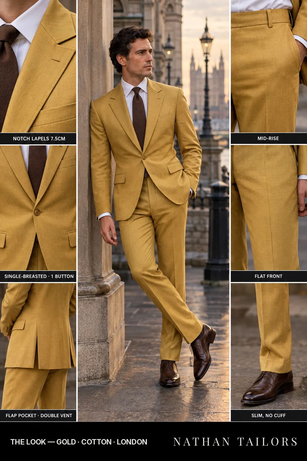 Gold single-breasted bespoke suit — custom tailored by Nathan Tailors, the Hoi An custom tailor