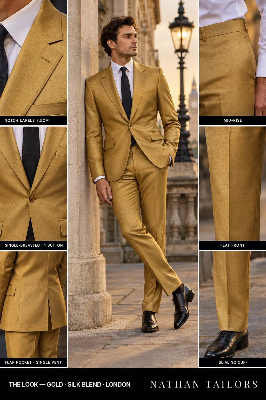 Gold single-breasted notch-lapel bespoke suit — AI-rendered by Nathan Tailors, the Hoi An custom tailor. Available as a custom tailored suit from $169.