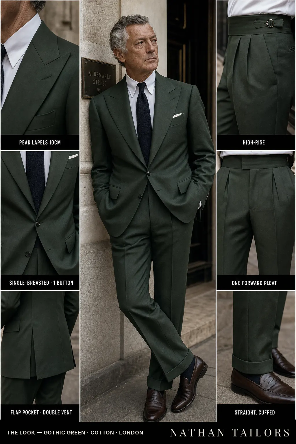 Gothic Green single-breasted bespoke suit โ custom tailored by Nathan Tailors, the Hoi An custom tailor