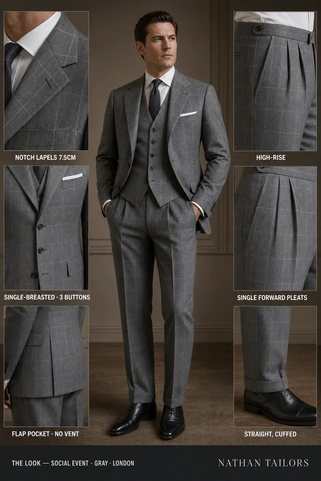 gray windowpane single-breasted notch-lapel bespoke suit — AI-rendered by Nathan Tailors, the Hoi An custom tailor. Available as a custom tailored suit from $149.
