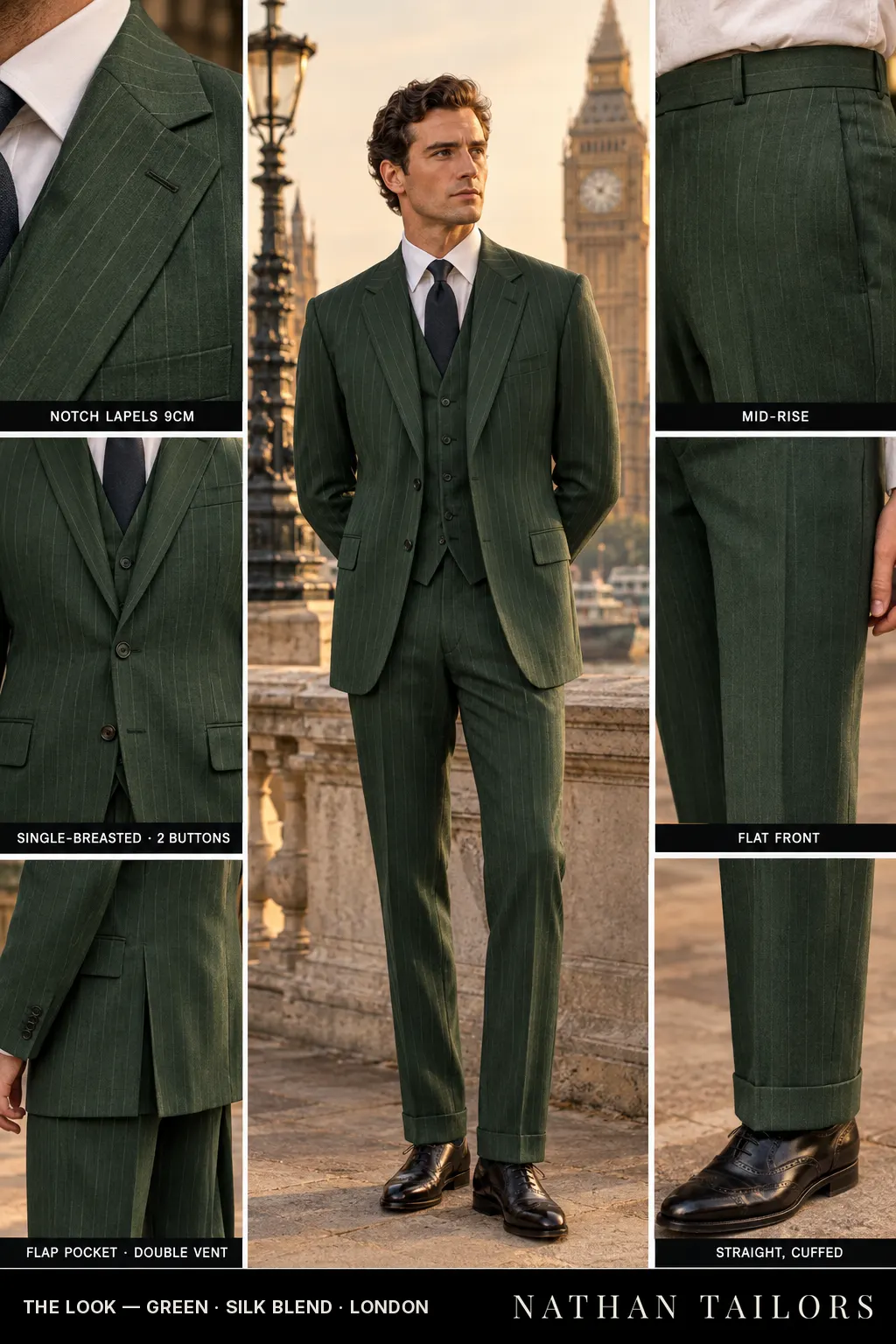 green pinstripe single-breasted bespoke suit โ custom tailored by Nathan Tailors, the Hoi An custom tailor