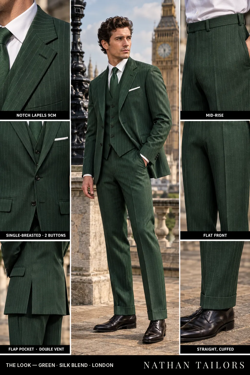 green pinstripe single-breasted bespoke suit โ custom tailored by Nathan Tailors, the Hoi An custom tailor