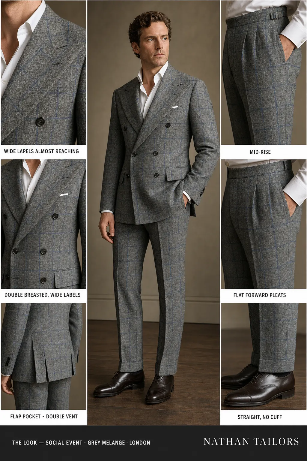 Grey melange double-breasted notch-lapel bespoke suit โ AI-rendered by Nathan Tailors, the Hoi An custom tailor. Available as a custom tailored suit from $149.