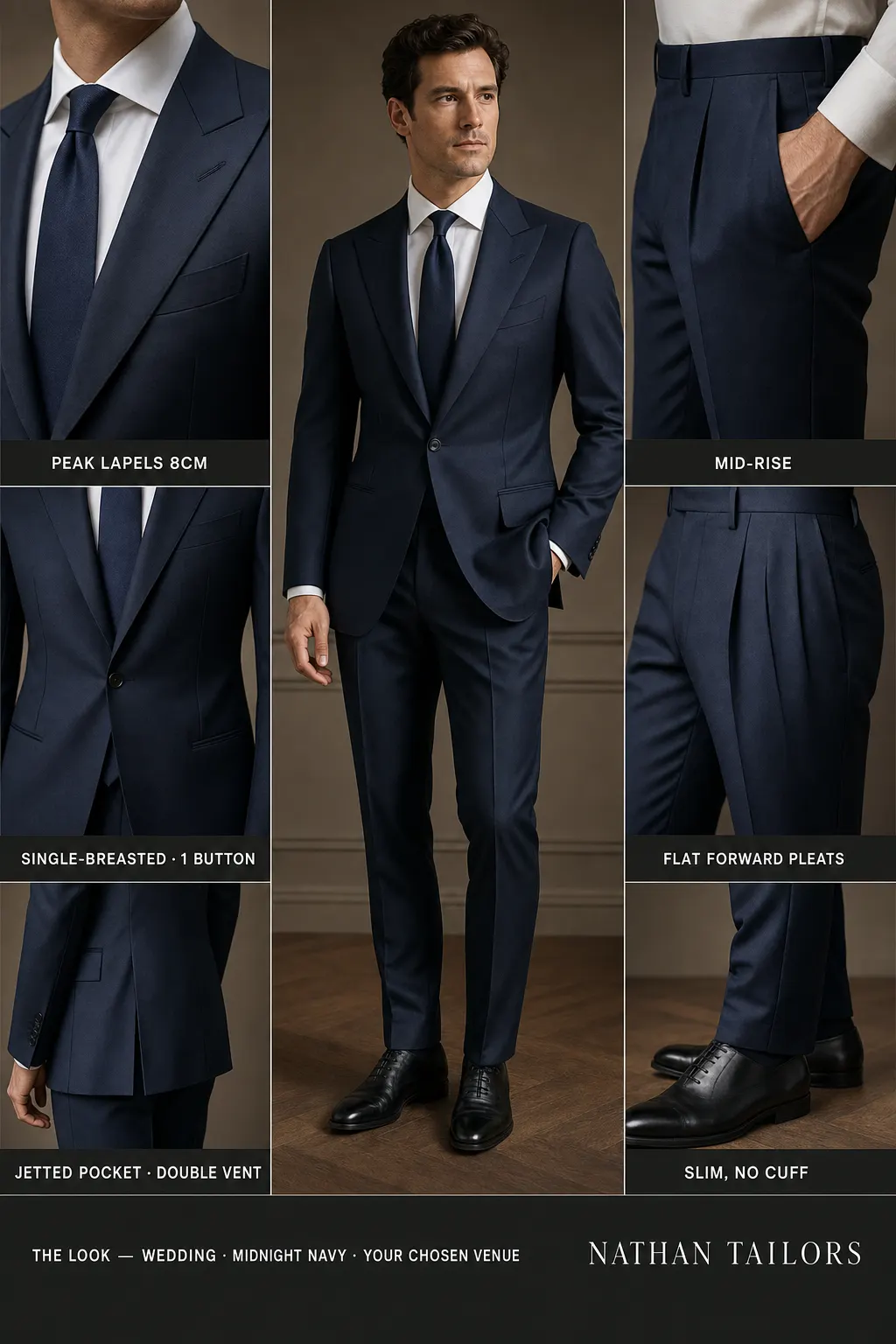 midnight navy single-breasted peak-lapel bespoke suit — AI-rendered by Nathan Tailors, the Hoi An custom tailor. Available as a custom tailored suit from $149.