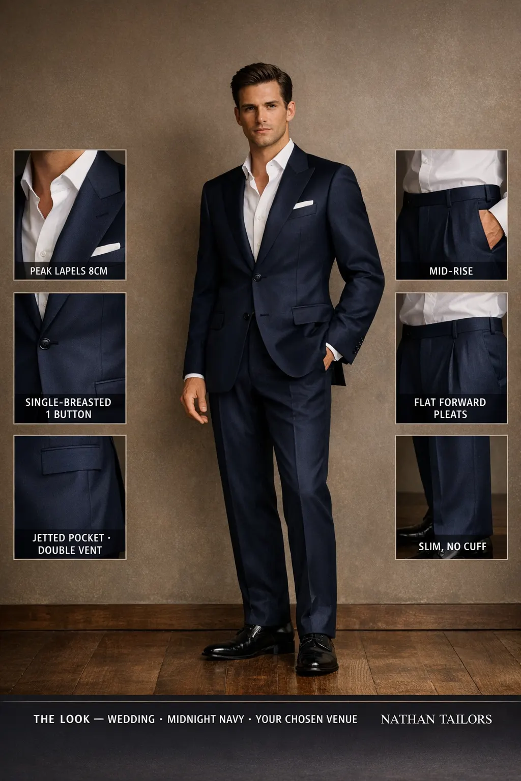 midnight navy single-breasted peak-lapel bespoke suit — AI-rendered by Nathan Tailors, the Hoi An custom tailor. Available as a custom tailored suit from $149.