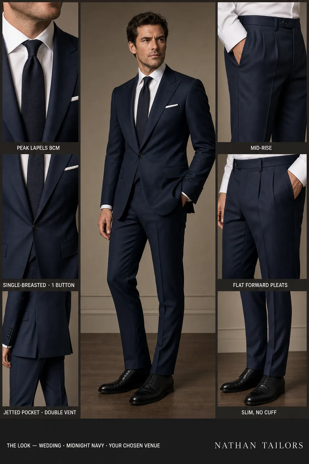 midnight navy single-breasted peak-lapel bespoke suit — AI-rendered by Nathan Tailors, the Hoi An custom tailor. Available as a custom tailored suit from $149.