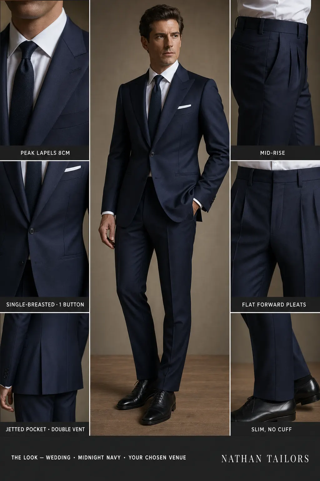midnight navy single-breasted peak-lapel bespoke suit — AI-rendered by Nathan Tailors, the Hoi An custom tailor. Available as a custom tailored suit from $149.