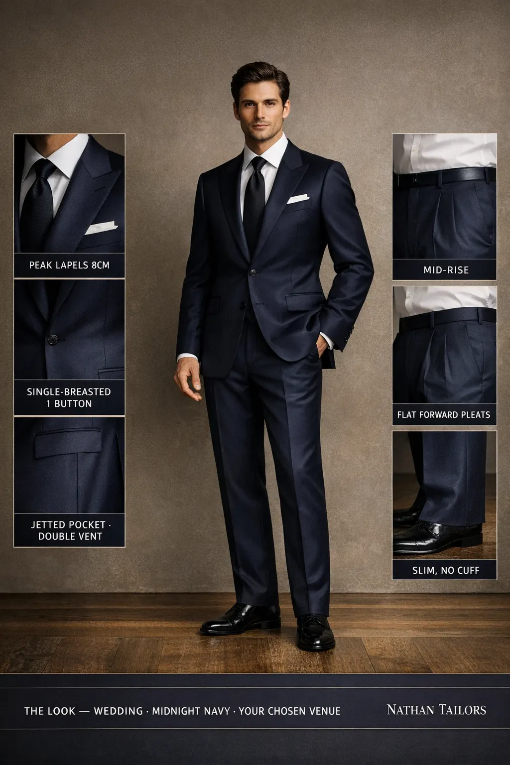 midnight navy single-breasted peak-lapel bespoke suit — AI-rendered by Nathan Tailors, the Hoi An custom tailor. Available as a custom tailored suit from $149.