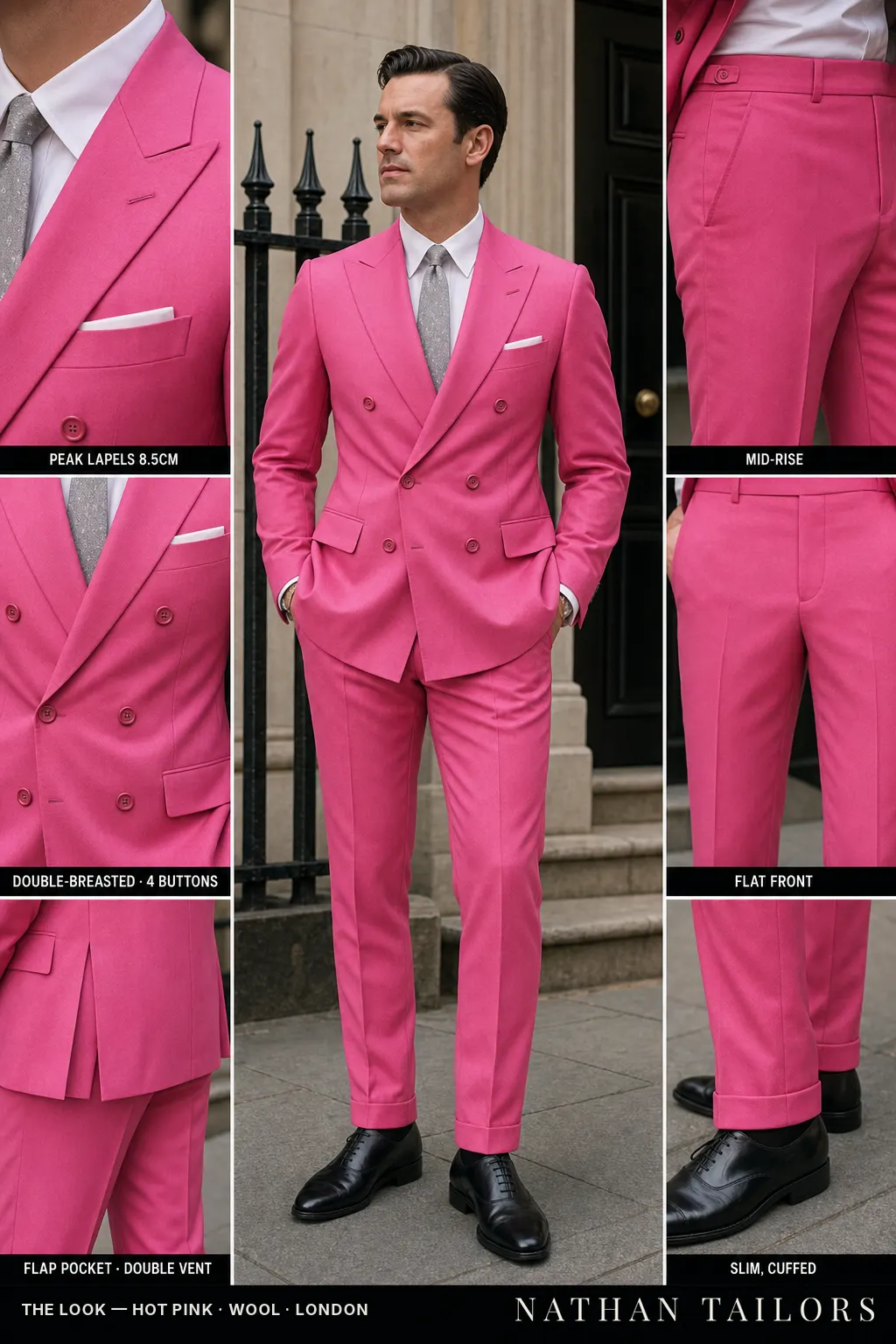 hot pink double-breasted peak-lapel bespoke suit — AI-rendered by Nathan Tailors, the Hoi An custom tailor. Available as a custom tailored suit from $149.
