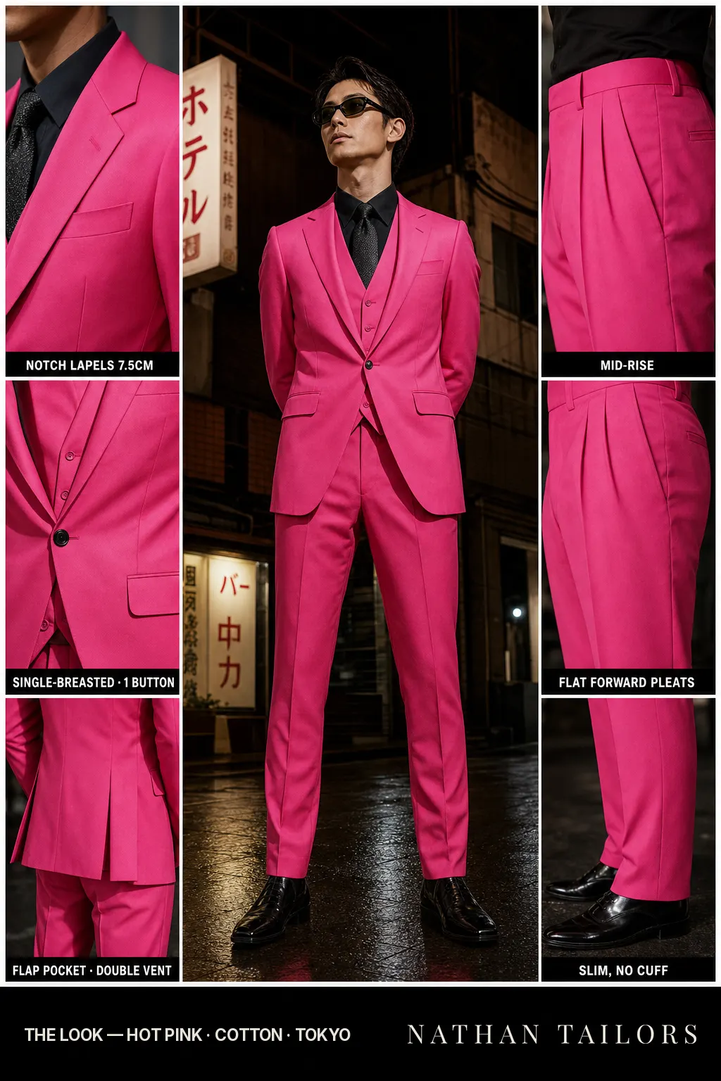 hot pink single-breasted notch-lapel bespoke suit โ AI-rendered by Nathan Tailors, the Hoi An custom tailor. Available as a custom tailored suit from $149.