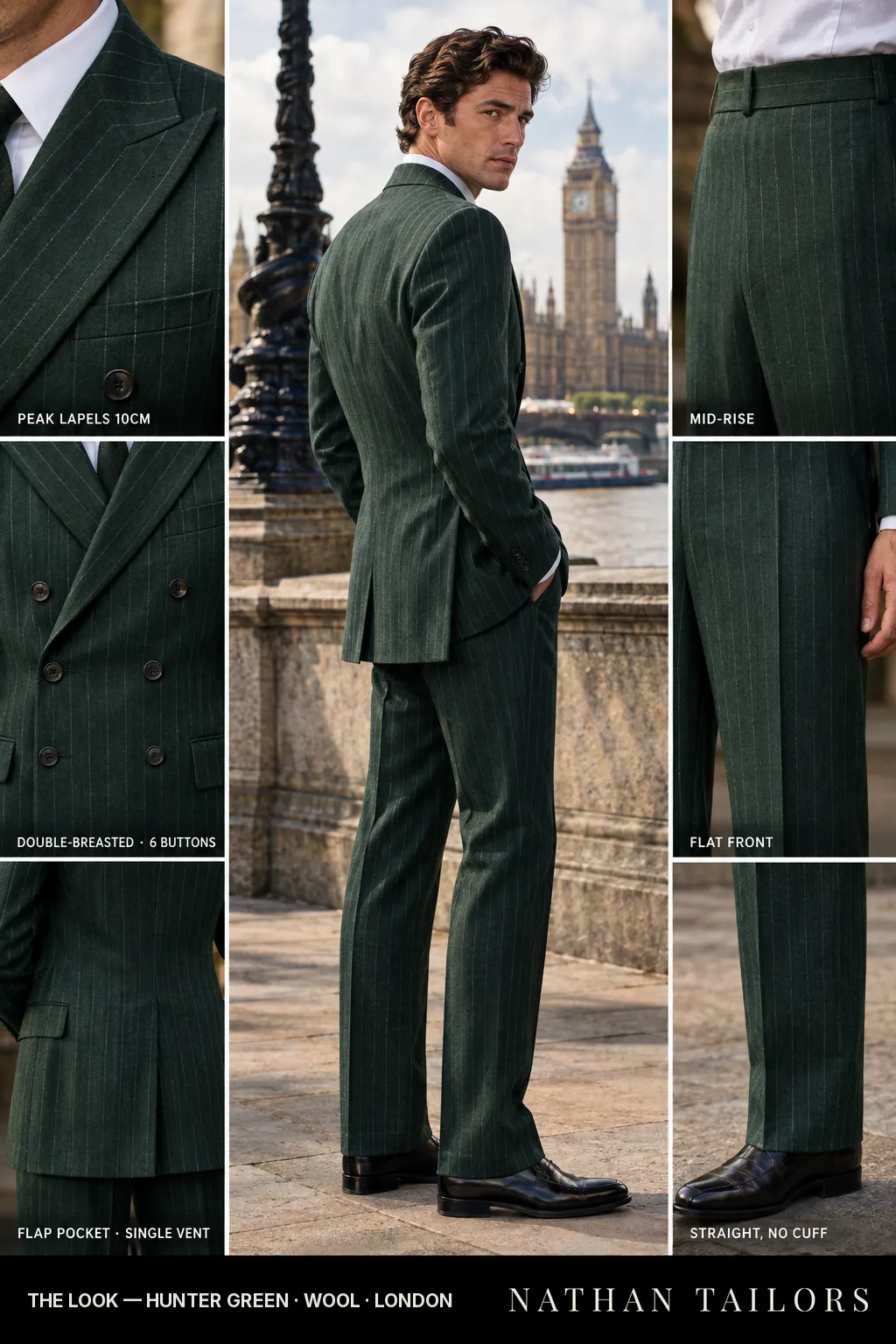 hunter green chalk_stripe double-breasted bespoke suit โ custom tailored by Nathan Tailors, the Hoi An custom tailor