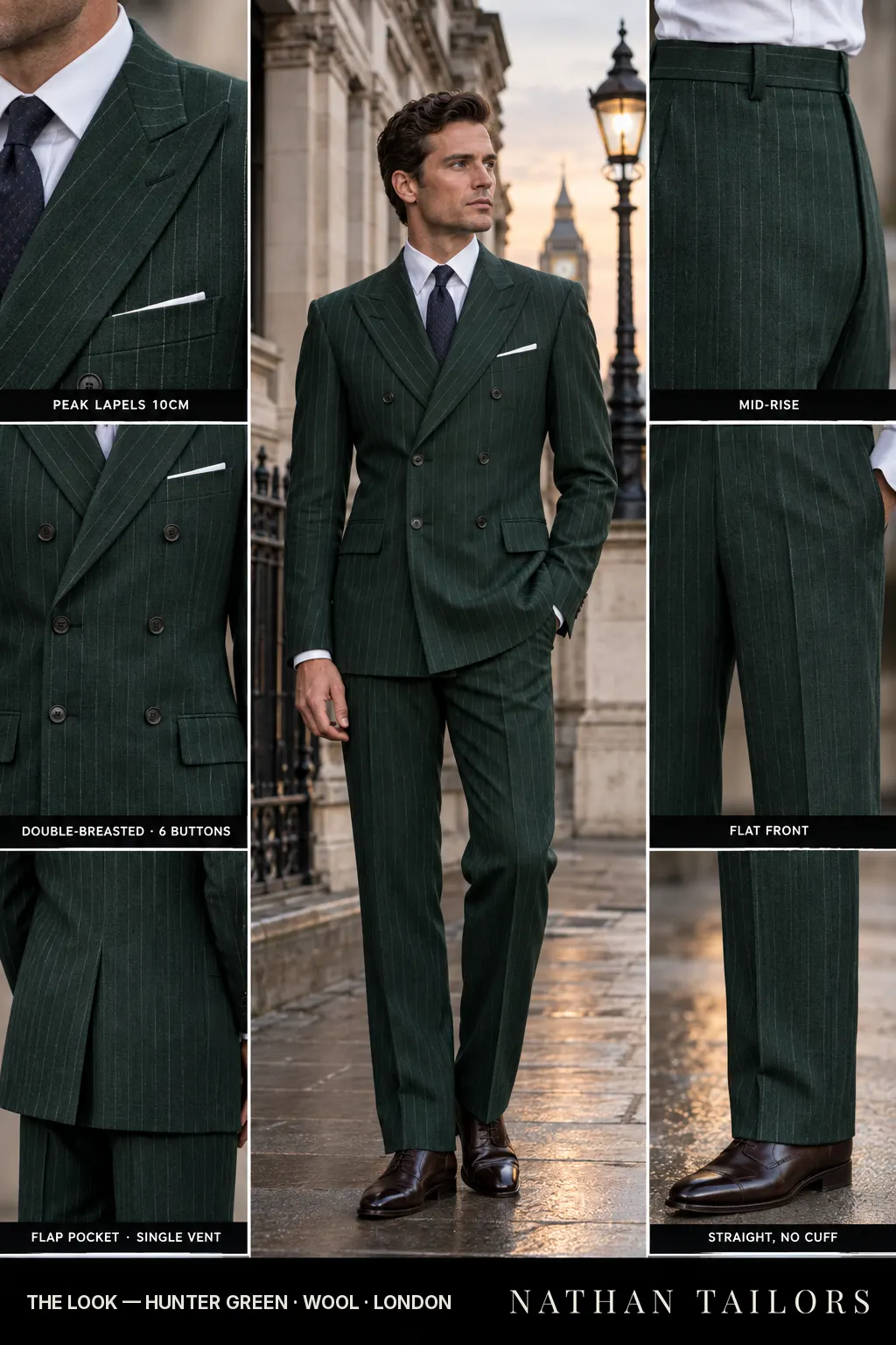 hunter green chalk_stripe double-breasted bespoke suit โ custom tailored by Nathan Tailors, the Hoi An custom tailor
