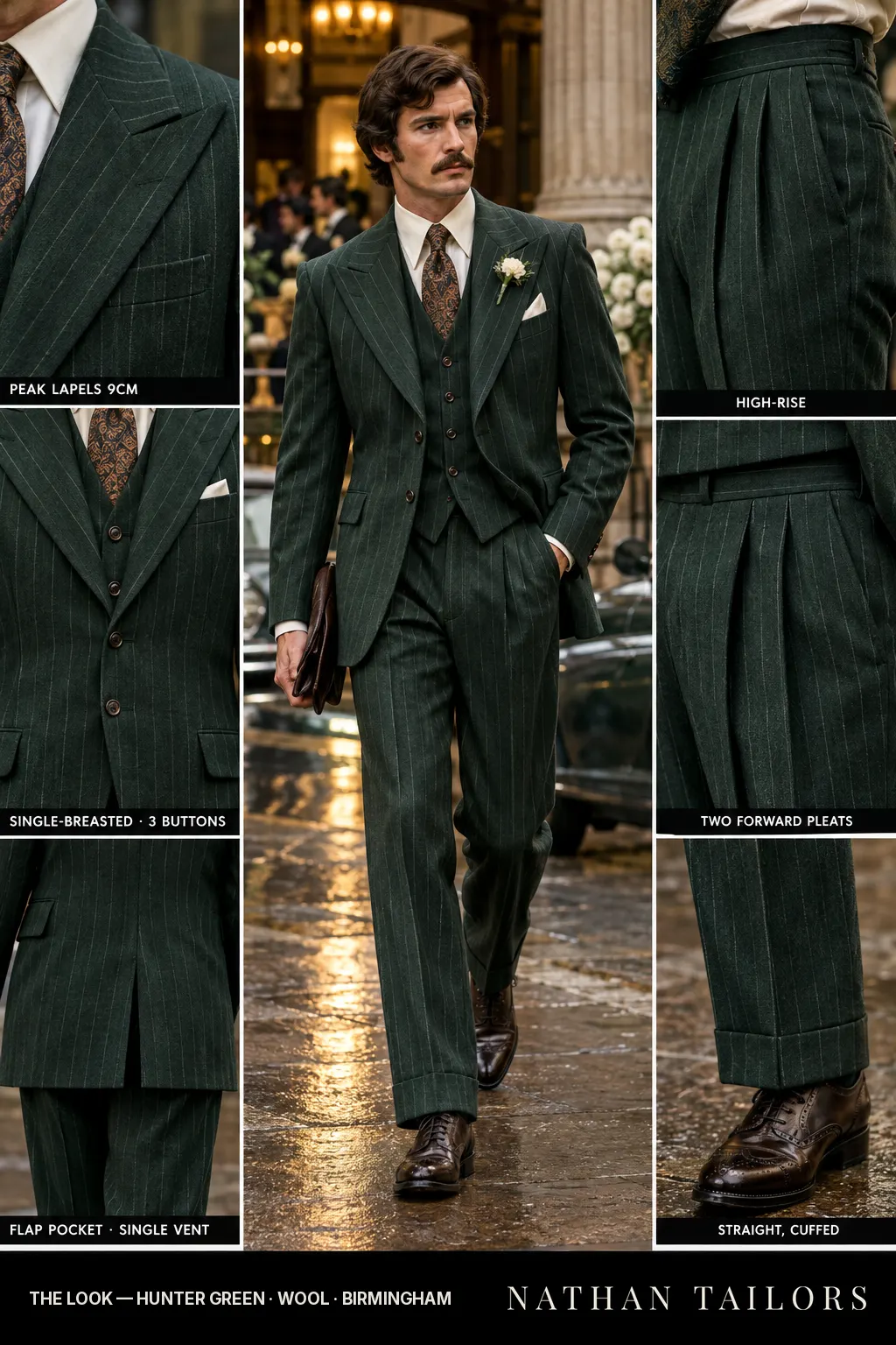 hunter green chalk stripe single-breasted peak-lapel bespoke suit — AI-rendered by Nathan Tailors, the Hoi An custom tailor. Available as a custom tailored suit from $149.