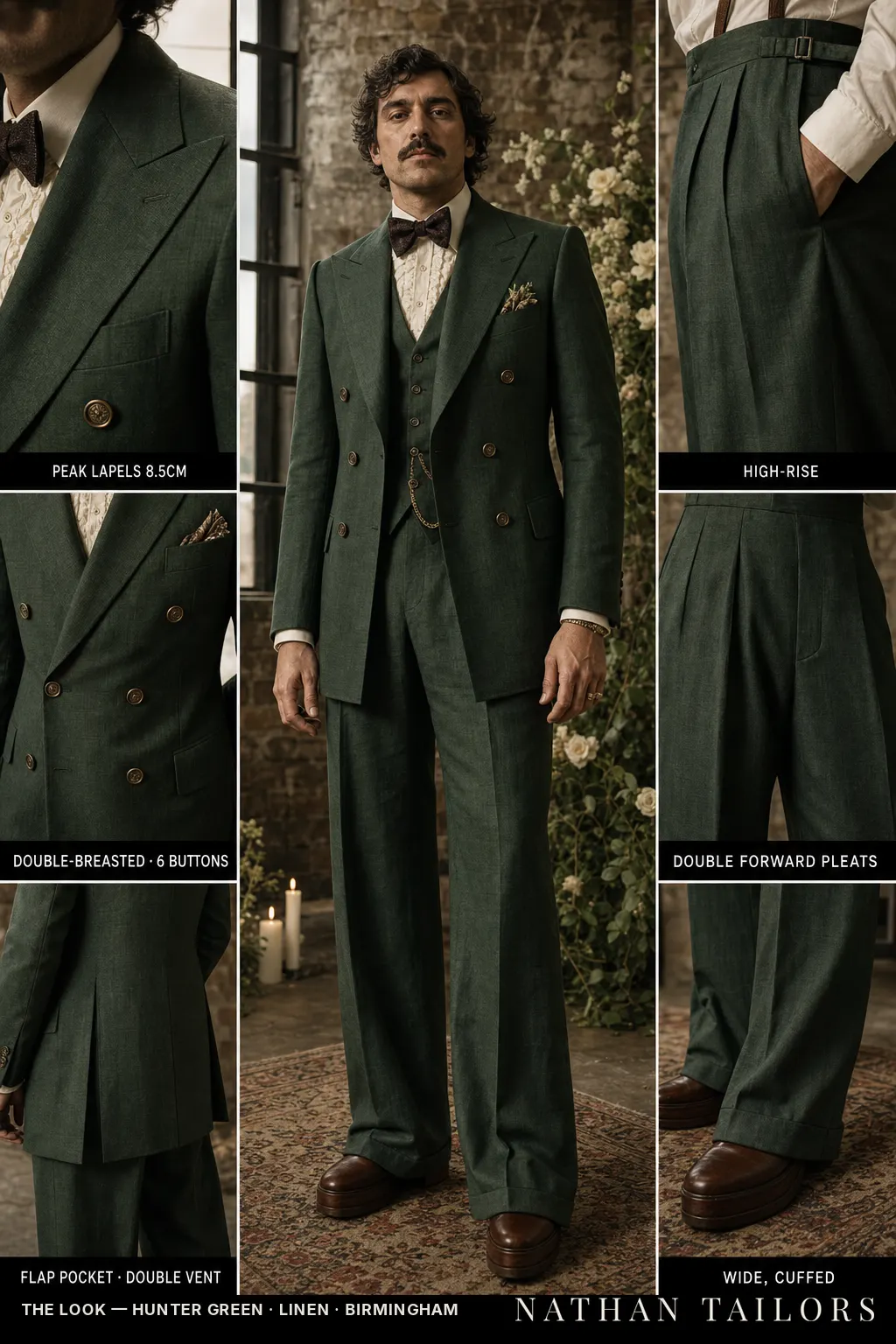 hunter green double-breasted peak-lapel bespoke suit โ AI-rendered by Nathan Tailors, the Hoi An custom tailor. Available as a custom tailored suit from $149.