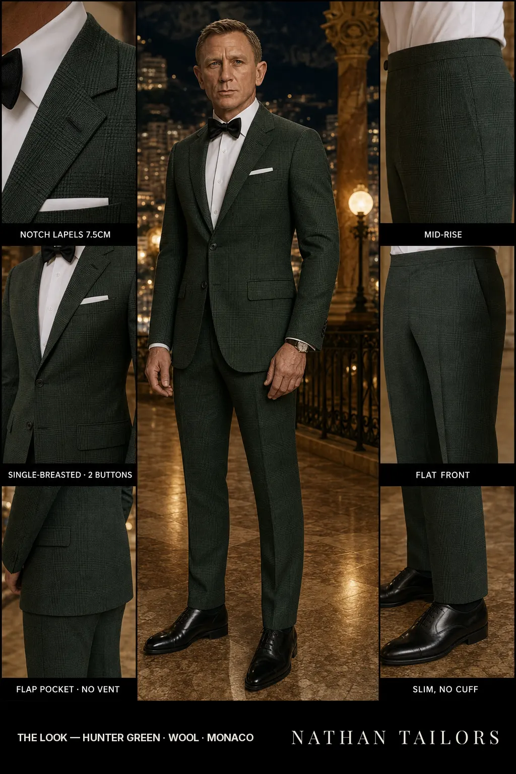 hunter green glen plaid single-breasted notch-lapel bespoke suit — AI-rendered by Nathan Tailors, the Hoi An custom tailor. Available as a custom tailored suit from $149.