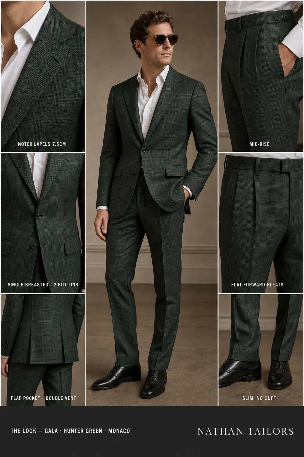 hunter green glen plaid single-breasted notch-lapel bespoke suit โ AI-rendered by Nathan Tailors, the Hoi An custom tailor. Available as a custom tailored suit from $149.