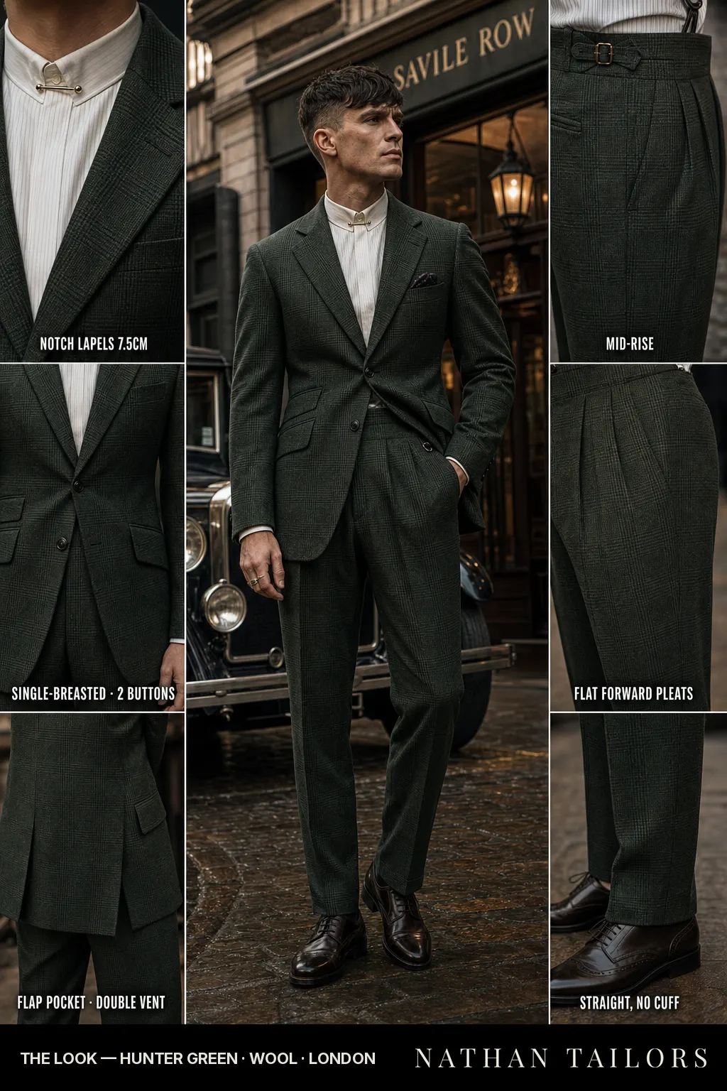 hunter green glen plaid single-breasted notch-lapel bespoke suit โ AI-rendered by Nathan Tailors, the Hoi An custom tailor. Available as a custom tailored suit from $149.