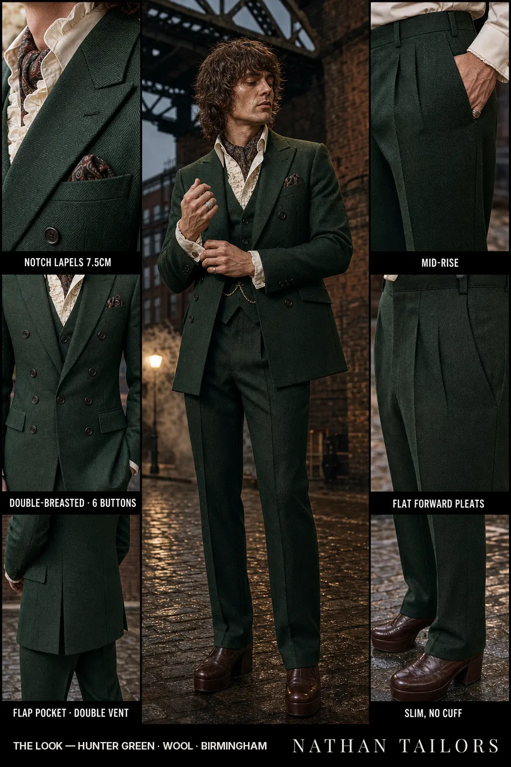 hunter green herringbone double-breasted notch-lapel bespoke suit — AI-rendered by Nathan Tailors, the Hoi An custom tailor. Available as a custom tailored suit from $149.