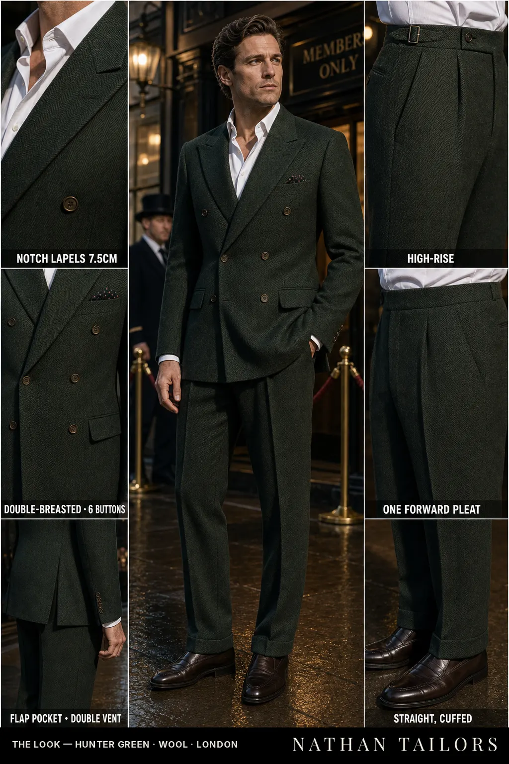 hunter green herringbone double-breasted notch-lapel bespoke suit — AI-rendered by Nathan Tailors, the Hoi An custom tailor. Available as a custom tailored suit from $149.