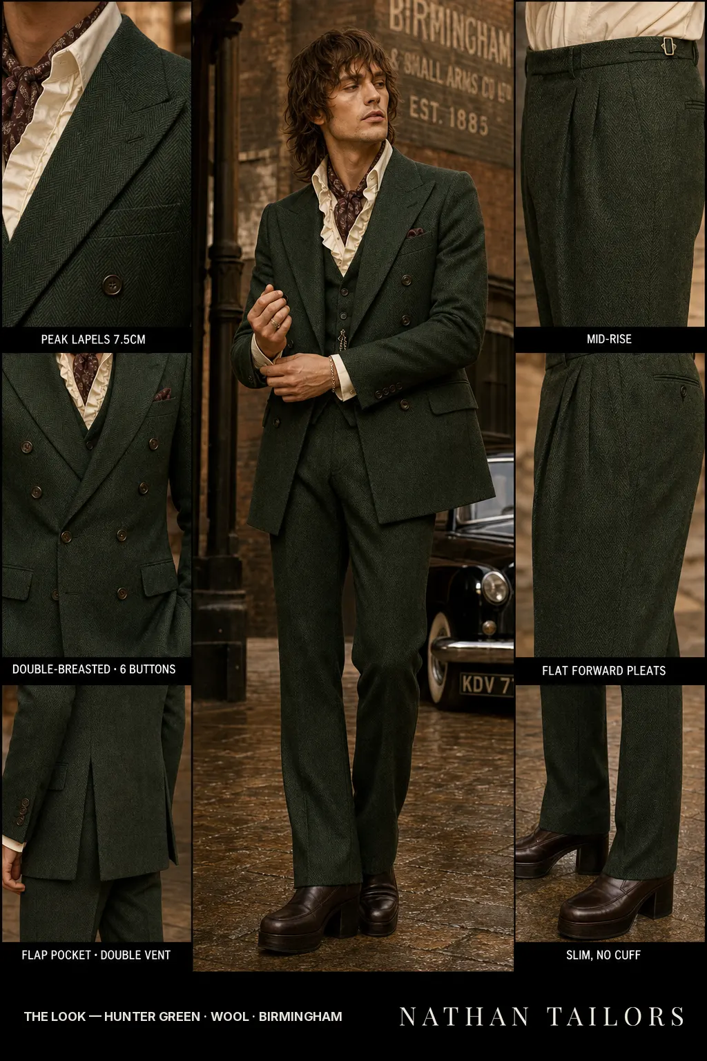 hunter green herringbone double-breasted peak-lapel bespoke suit — AI-rendered by Nathan Tailors, the Hoi An custom tailor. Available as a custom tailored suit from $149.