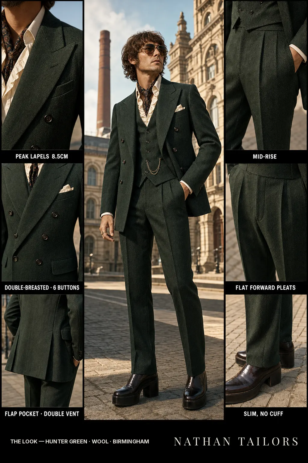 hunter green herringbone double-breasted peak-lapel bespoke suit — AI-rendered by Nathan Tailors, the Hoi An custom tailor. Available as a custom tailored suit from $149.