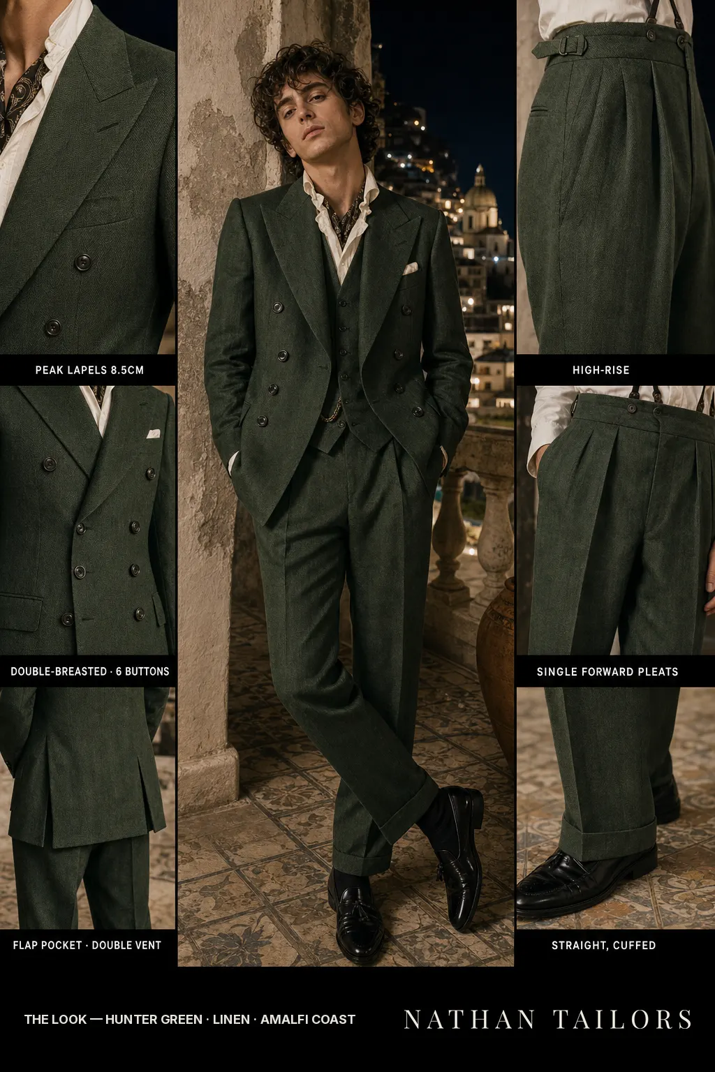 hunter green herringbone double-breasted peak-lapel bespoke suit — AI-rendered by Nathan Tailors, the Hoi An custom tailor. Available as a custom tailored suit from $149.