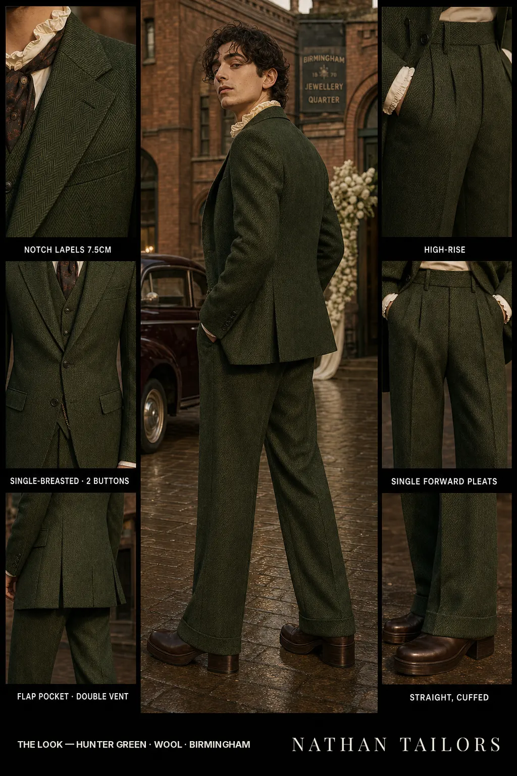 hunter green herringbone single-breasted notch-lapel bespoke suit — AI-rendered by Nathan Tailors, the Hoi An custom tailor. Available as a custom tailored suit from $149.