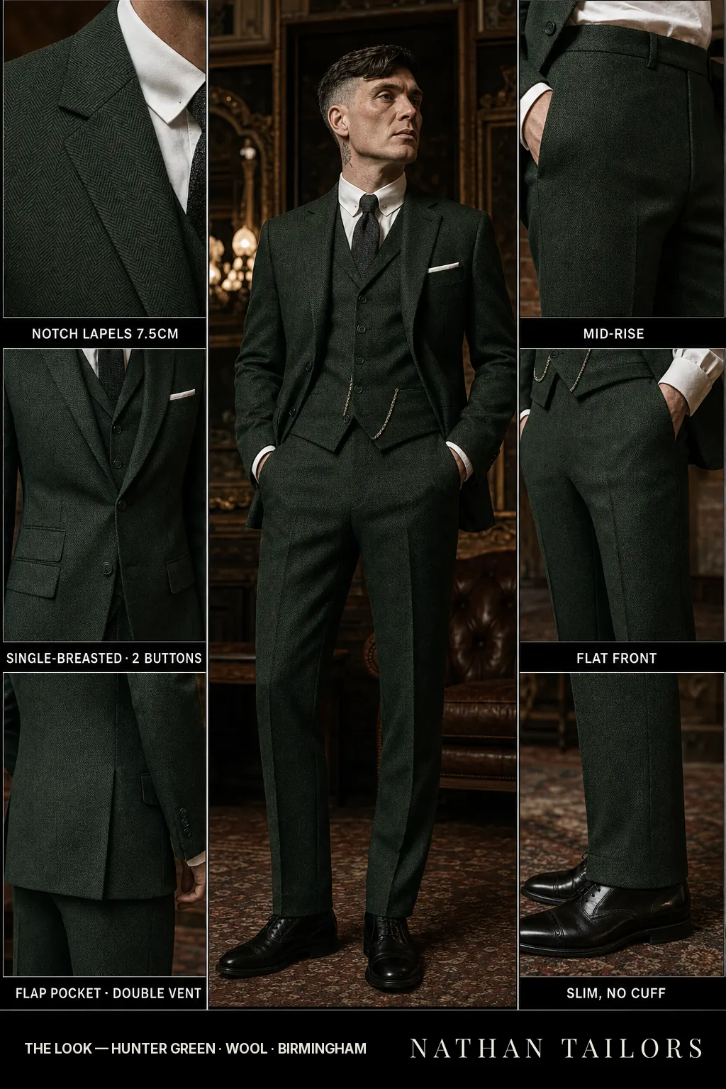 hunter green herringbone single-breasted notch-lapel bespoke suit — AI-rendered by Nathan Tailors, the Hoi An custom tailor. Available as a custom tailored suit from $149.