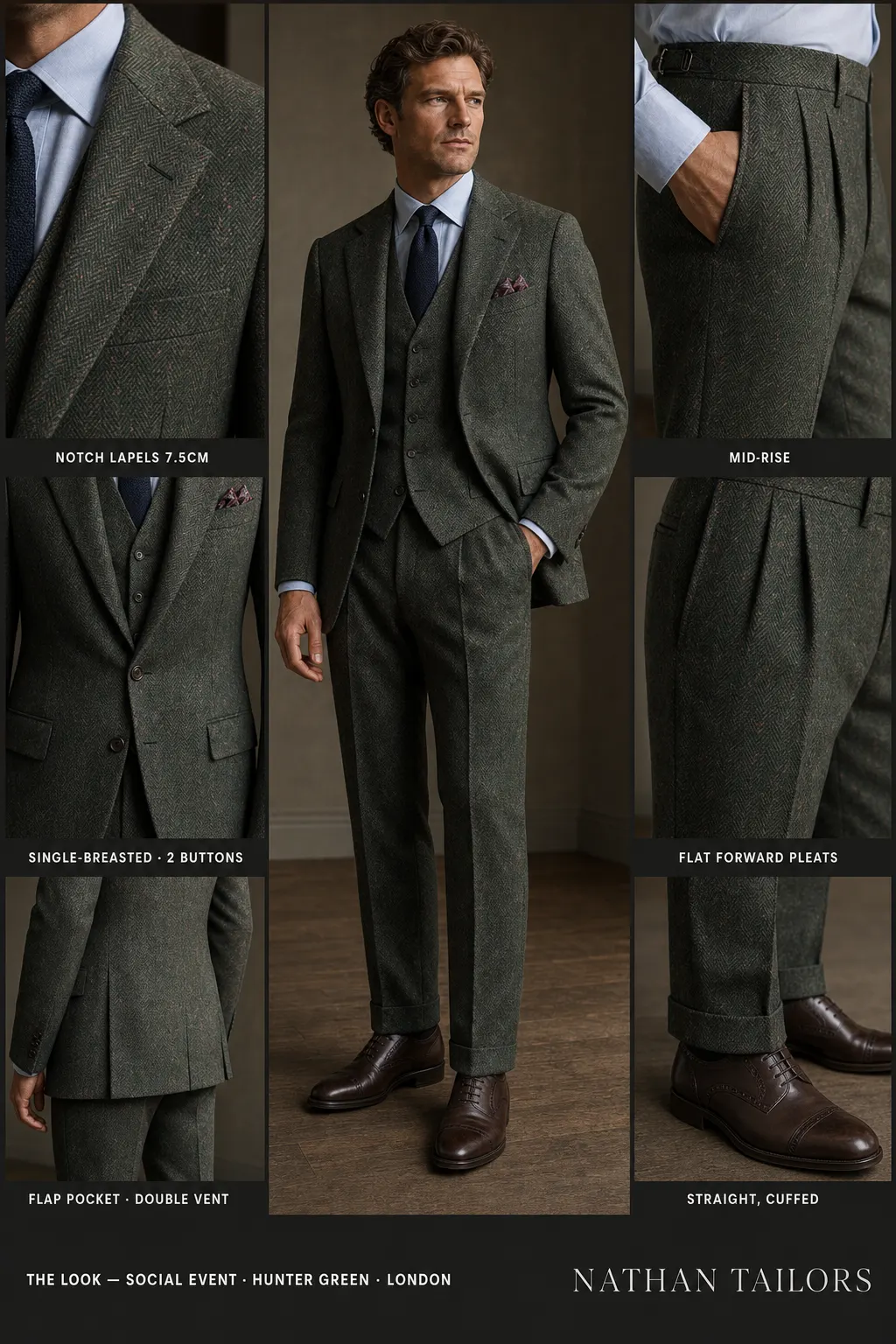 hunter green herringbone single-breasted notch-lapel bespoke suit — AI-rendered by Nathan Tailors, the Hoi An custom tailor. Available as a custom tailored suit from $149.