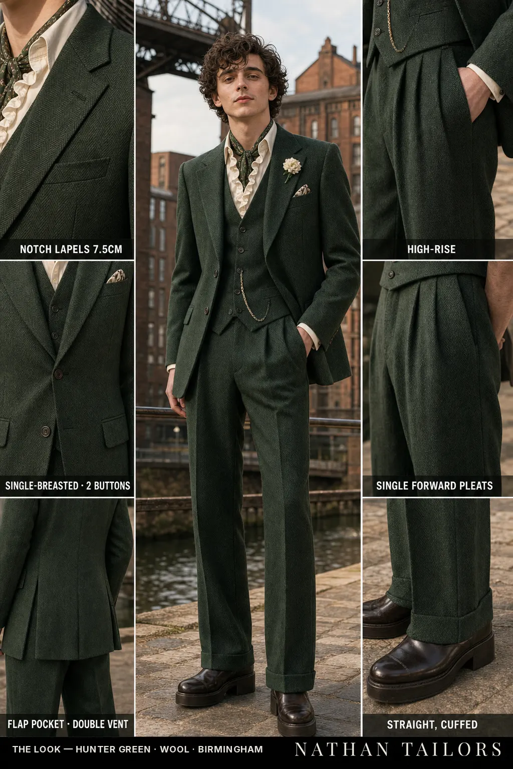 hunter green herringbone single-breasted notch-lapel bespoke suit — AI-rendered by Nathan Tailors, the Hoi An custom tailor. Available as a custom tailored suit from $149.