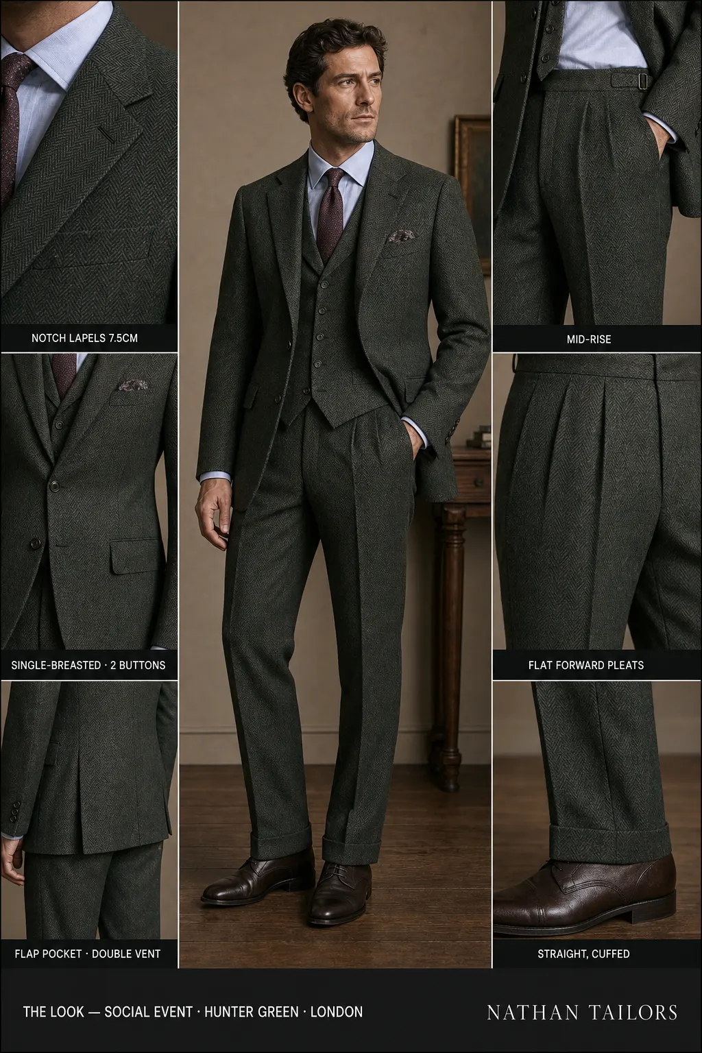 hunter green herringbone single-breasted notch-lapel bespoke suit — AI-rendered by Nathan Tailors, the Hoi An custom tailor. Available as a custom tailored suit from $149.