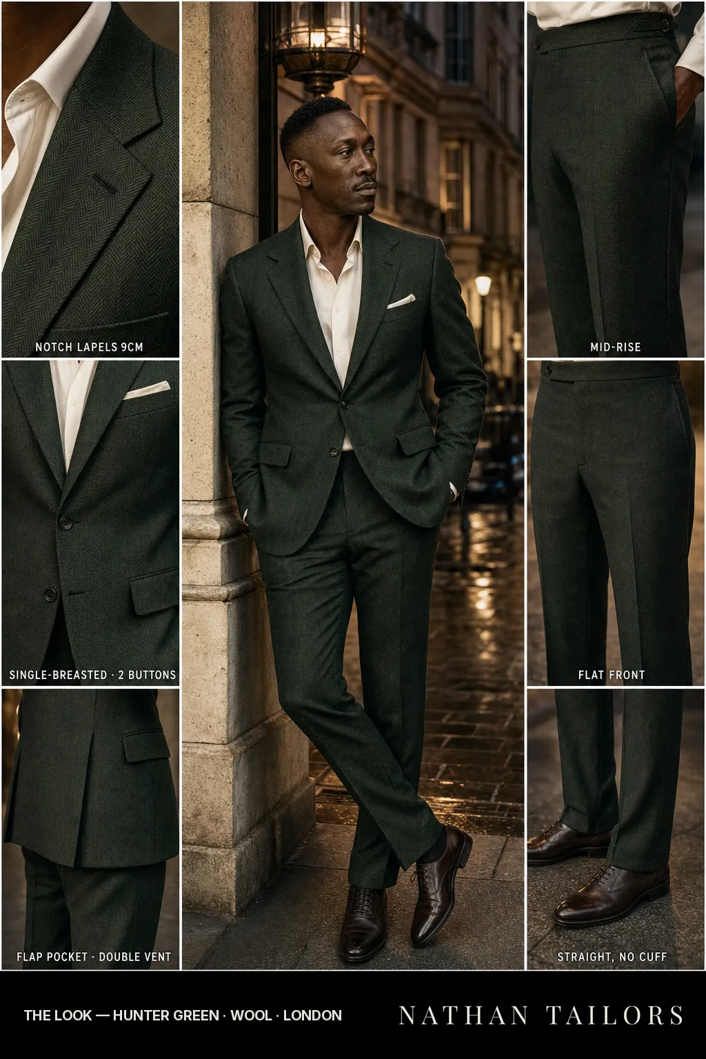 hunter green herringbone single-breasted notch-lapel bespoke suit — AI-rendered by Nathan Tailors, the Hoi An custom tailor. Available as a custom tailored suit from $149.