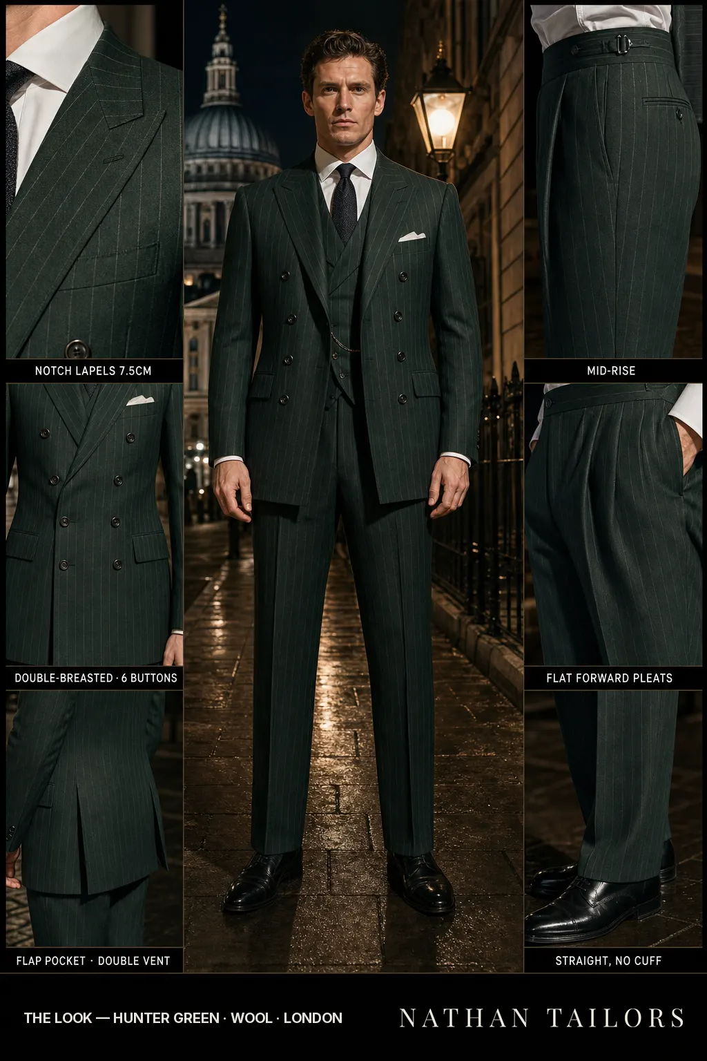 hunter green pinstripe double-breasted notch-lapel bespoke suit — AI-rendered by Nathan Tailors, the Hoi An custom tailor. Available as a custom tailored suit from $149.