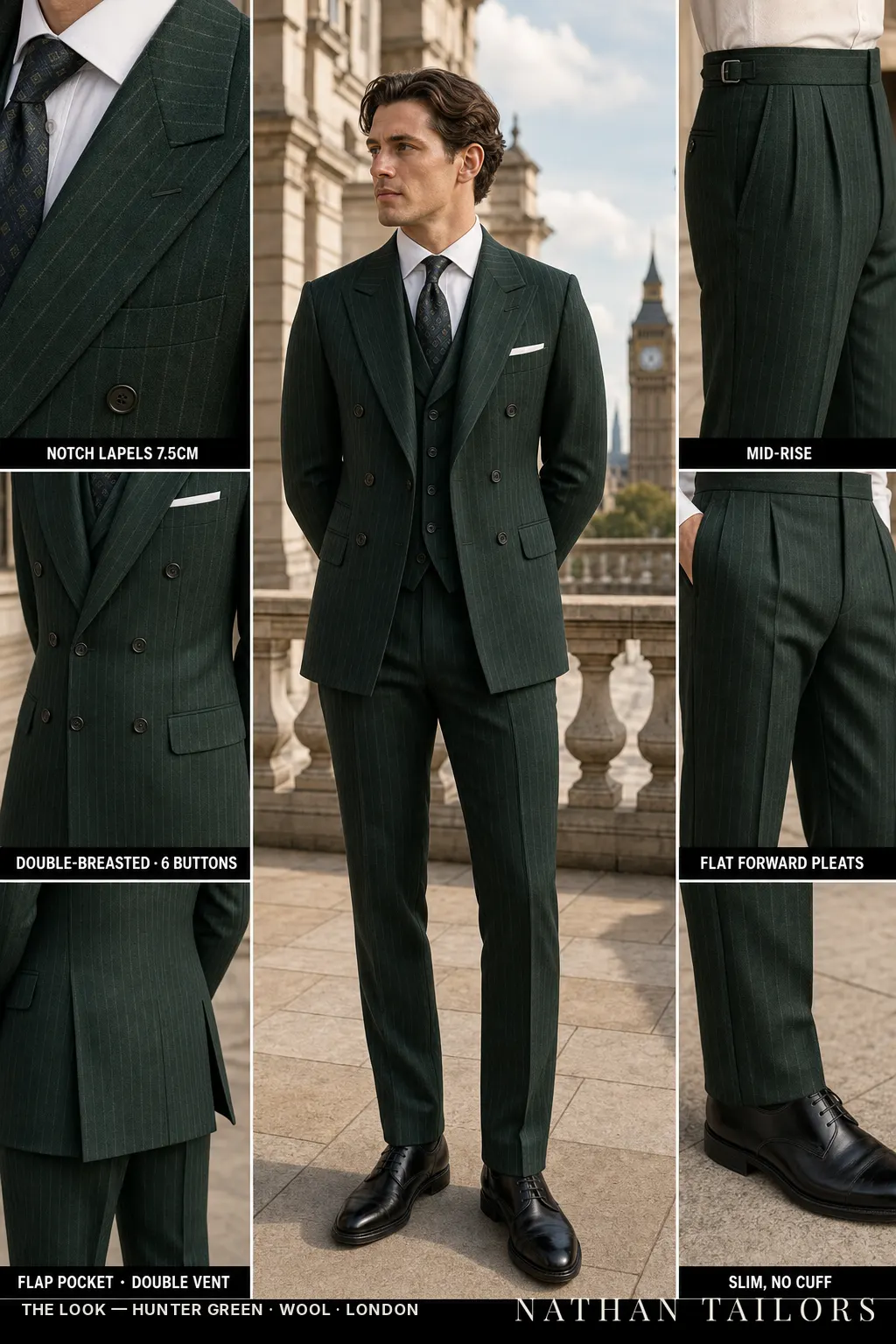 hunter green pinstripe double-breasted notch-lapel bespoke suit — AI-rendered by Nathan Tailors, the Hoi An custom tailor. Available as a custom tailored suit from $149.