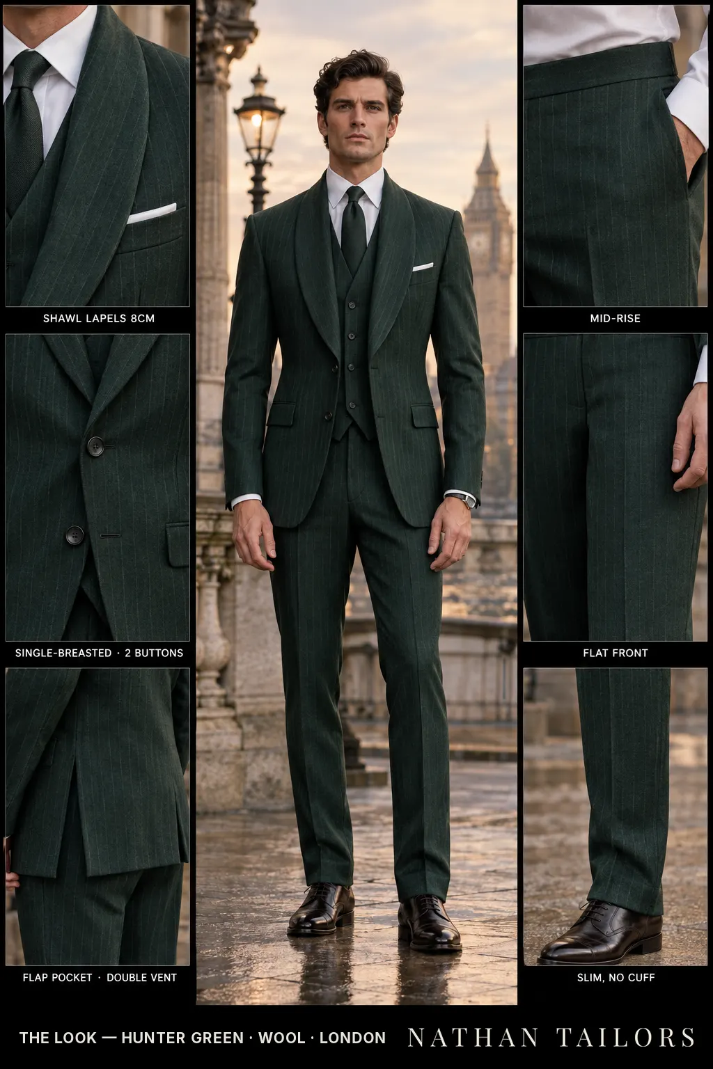 hunter green pinstripe single-breasted bespoke suit — custom tailored by Nathan Tailors, the Hoi An custom tailor