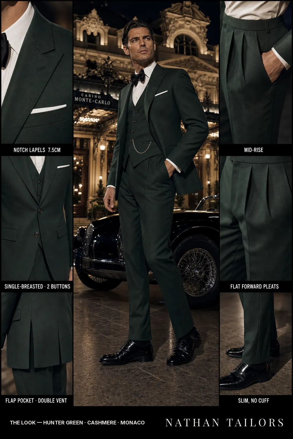 hunter green single-breasted notch-lapel bespoke suit — AI-rendered by Nathan Tailors, the Hoi An custom tailor. Available as a custom tailored suit from $149.