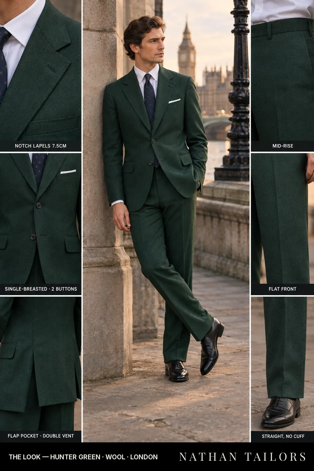 hunter green single-breasted bespoke suit โ custom tailored by Nathan Tailors, the Hoi An custom tailor