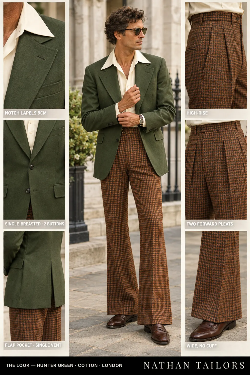 hunter green single-breasted notch-lapel bespoke suit โ AI-rendered by Nathan Tailors, the Hoi An custom tailor. Available as a custom tailored suit from $149.