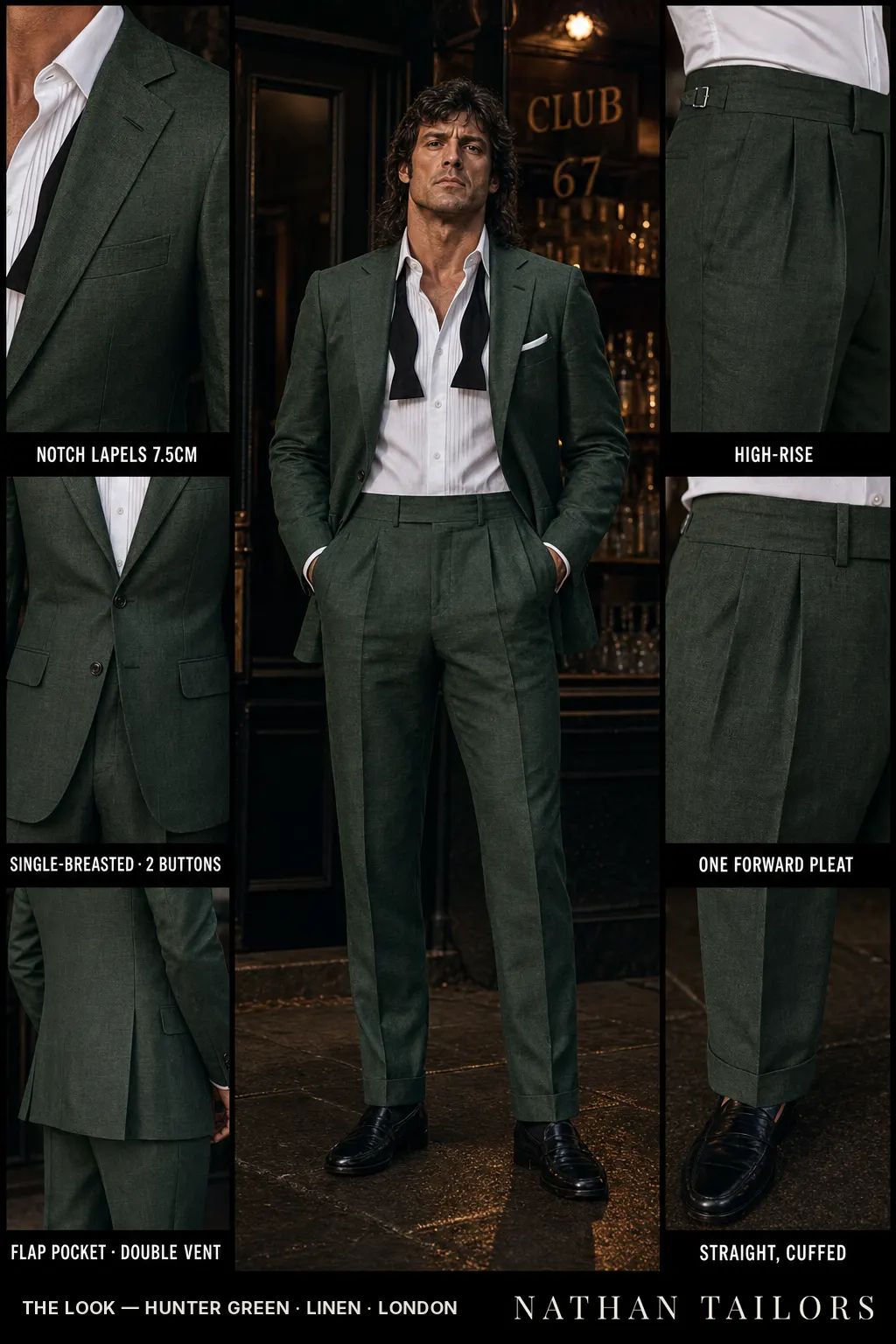 hunter green single-breasted notch-lapel bespoke suit โ AI-rendered by Nathan Tailors, the Hoi An custom tailor. Available as a custom tailored suit from $149.