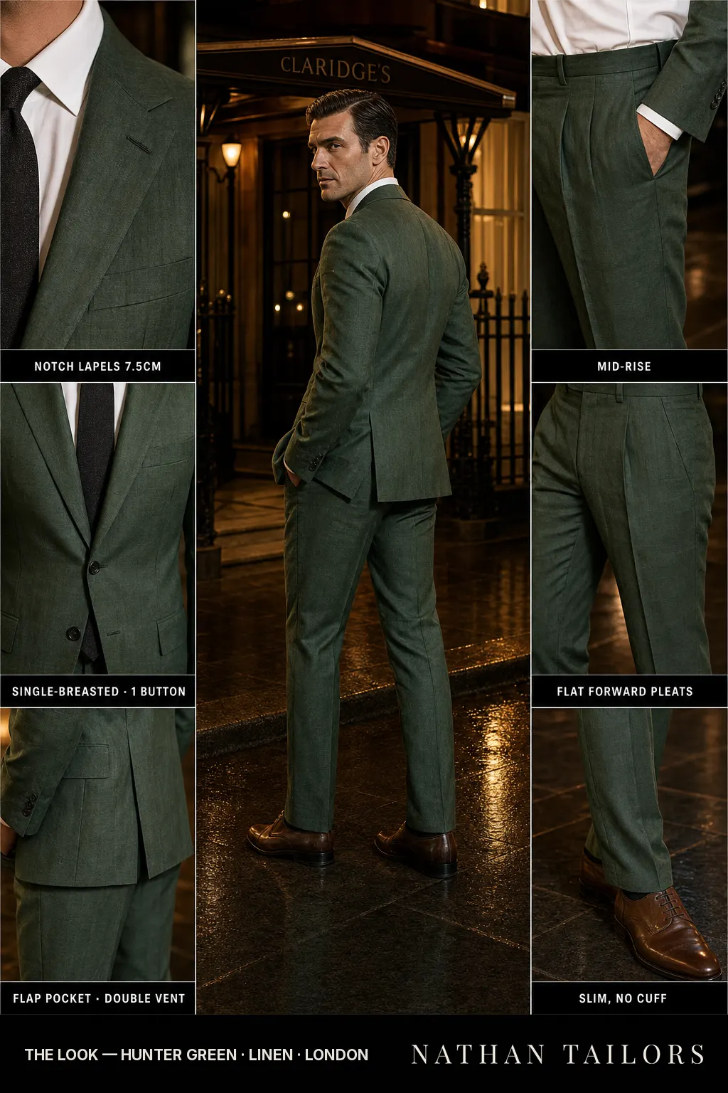 hunter green single-breasted notch-lapel bespoke suit โ AI-rendered by Nathan Tailors, the Hoi An custom tailor. Available as a custom tailored suit from $149.